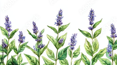 A beautiful arrangement of lavender flowers with green leaves, perfect for botanical illustrations and floral designs