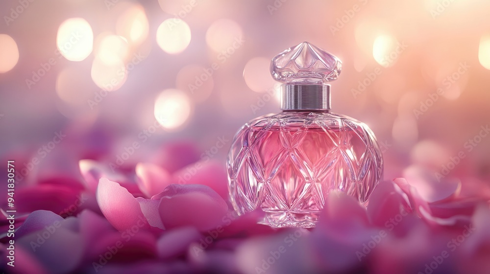 Close-up of a perfume bottle with a delicate glass design, resting on a bed of rose petals and surrounded by soft, ambient light - Close-up of a perfume bottle with a delicate glass design, resting on a bed of rose petals and surrounded by soft, ambient light -