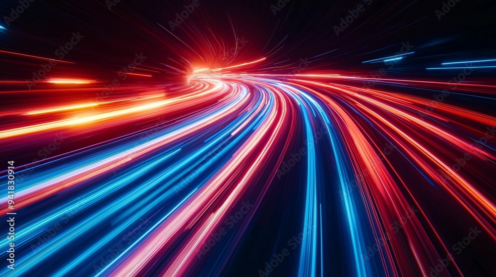 A dynamic display of red and blue light trails zooming across a dark background. A dynamic display of red and blue light trails zooming across a dark background.