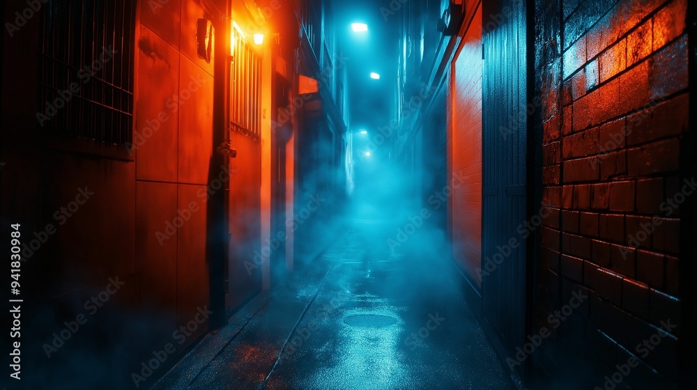 A narrow urban alley illuminated by vibrant neon red and blue lights, with reflective wet pavement and a mysterious foggy atmosphere. A narrow urban alley illuminated by vibrant neon red and blue lights, with reflective wet pavement and a mysterious foggy atmosphere.