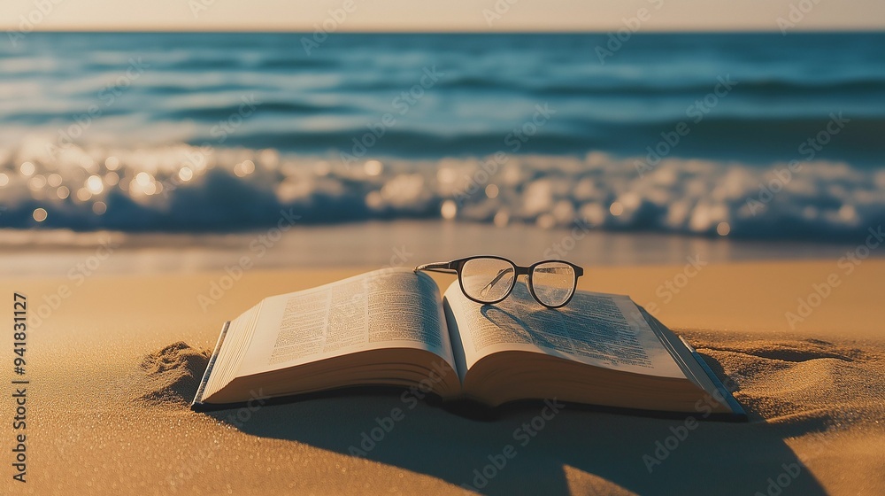 Image of an open book and reading glasses resting on a sandy beach. Image of an open book and reading glasses resting on a sandy beach.