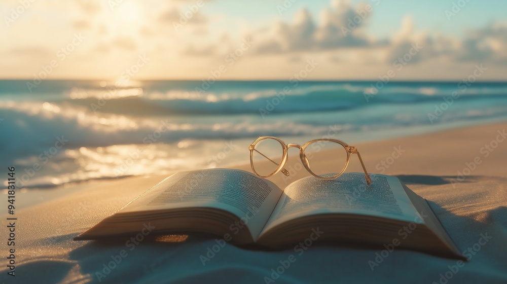 Image of an open book and reading glasses resting on a sandy beach. Image of an open book and reading glasses resting on a sandy beach.