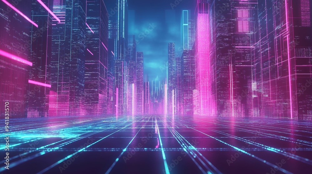 A vibrant futuristic cityscape glowing with neon pink and blue lights, featuring towering skyscrapers and a digital gridline floor. A vibrant futuristic cityscape glowing with neon pink and blue lights, featuring towering skyscrapers and a digital gridline floor.