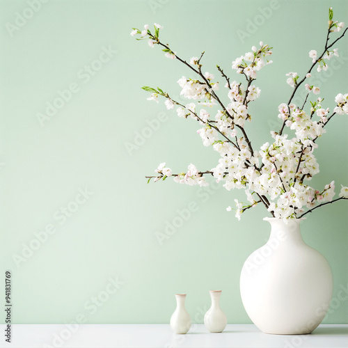 minimalist white flowers in vase on table, mint