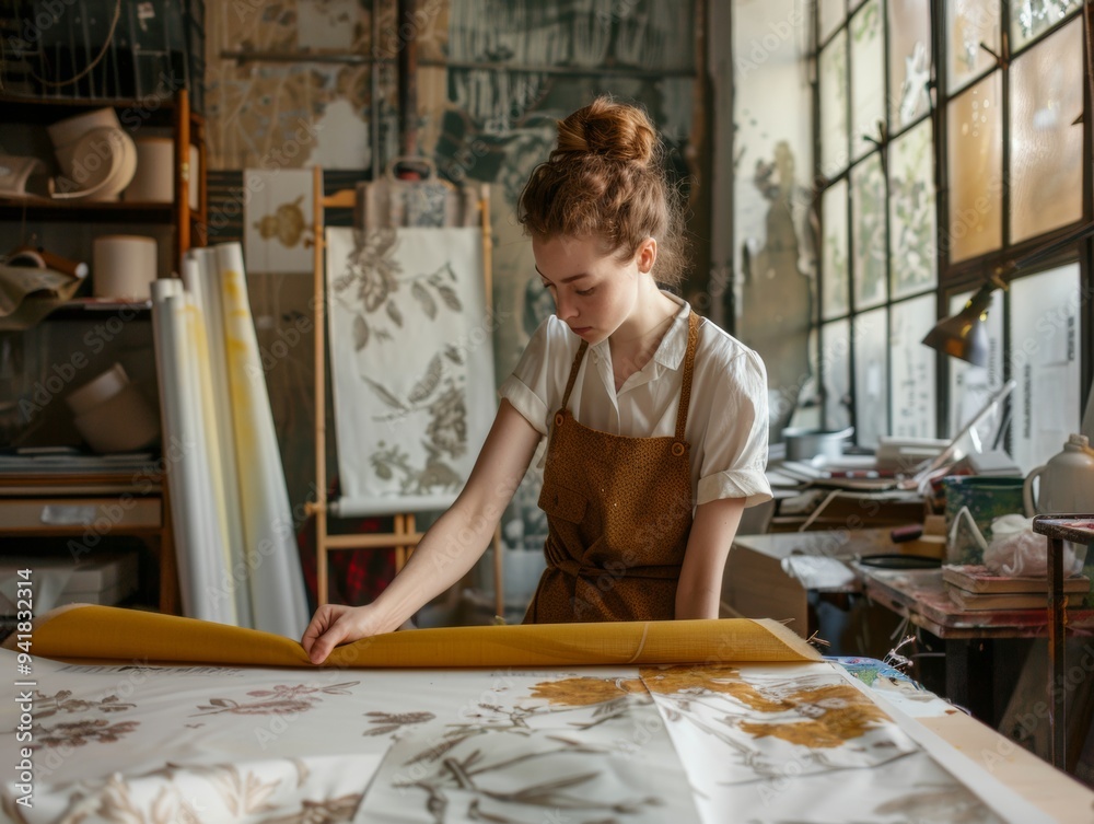 Fototapeta premium Craftsperson working on textile design in a creative studio adorned with natural light and artistic elements during the day