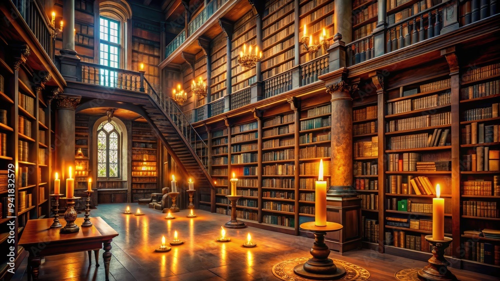 Obraz premium Mystical Library Haven: Towering bookshelves, flickering candles, ancient tomes in a cozy, knowledge-filled haven