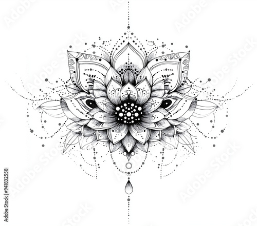 Mandala lotus flower tattoo design, with symmetrical lines and dots, on a white background, in a line art style, vector illustration, detailed drawing, with elegant and intricate details