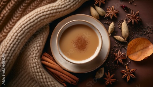 A warm, comforting cup of chai tea with spices like cardamom, cinnamon, and cloves arranged around it, evoking a cozy atmosphere. photo