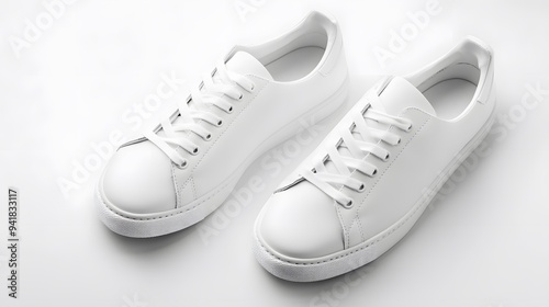 Simple White Sneakers: A pair of plain white sneakers with minimal detailing, placed side by side on a white background, with subtle shadowing. 