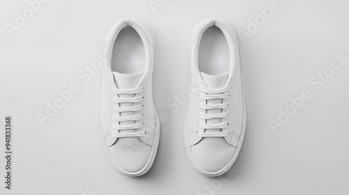 Simple White Sneakers: A pair of plain white sneakers with minimal detailing, placed side by side on a white background, with subtle shadowing. 