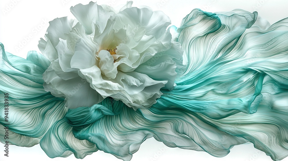 A close-up of a white and blue flower in the center of an image A close-up of a white and blue flower in the center of an image