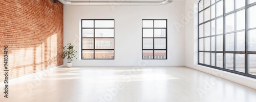 Industrial loft with large windows and exposed brick  natural light  urban style