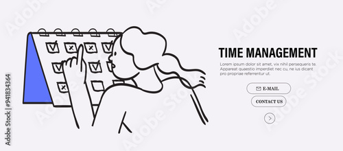 Woman scheduling week or month tasks and goals. Effective time management and project planning vector line illustration. Female character plan her doctor visit online or select date in calendar.