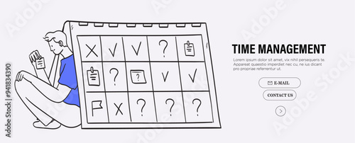 Man sitting under calendar set tasks priority and project goals. Employee or businessman scheduling meetings and planning work tasks. Concept of low productivity, work stress and procrastination.