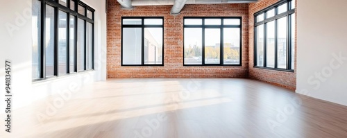 Industrial loft with large windows and exposed brick, natural light, urban style photo