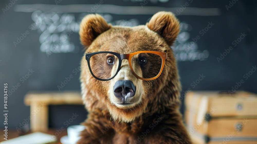 Bear Wearing Glasses on School Background Bear Wearing Glasses on School Background