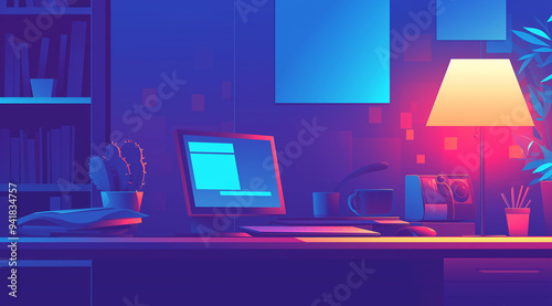 Illustration of a dark office with a computer desk, 2d interior lofi image