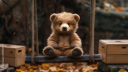 A cute brown bear cub sits on a wooden swing in a forest setting. photo