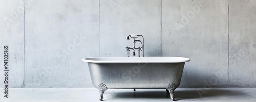 Loft bathroom with a freestanding metal tub and concrete walls, industrial luxury, raw elegance
