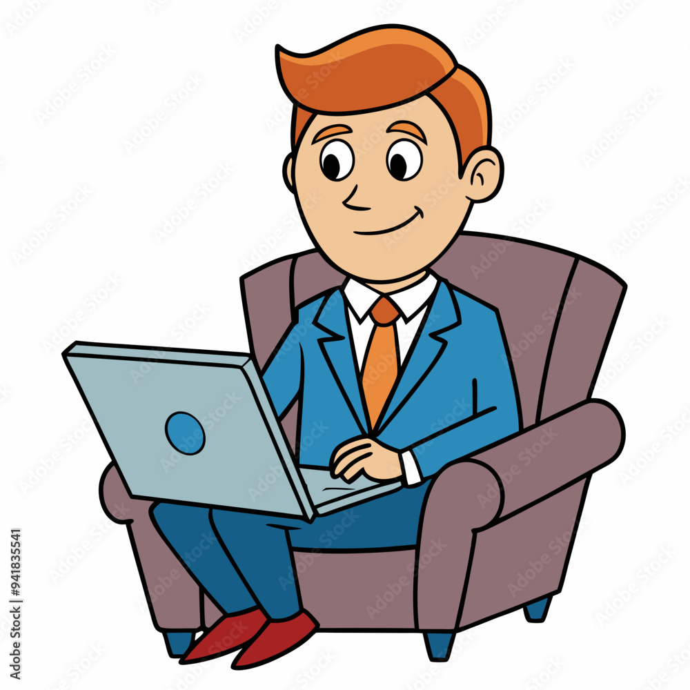 Vector Illustration of Businessman Sitting in Armchair with Laptop on White Background Vector Illustration of Businessman Sitting in Armchair with Laptop on White Background
