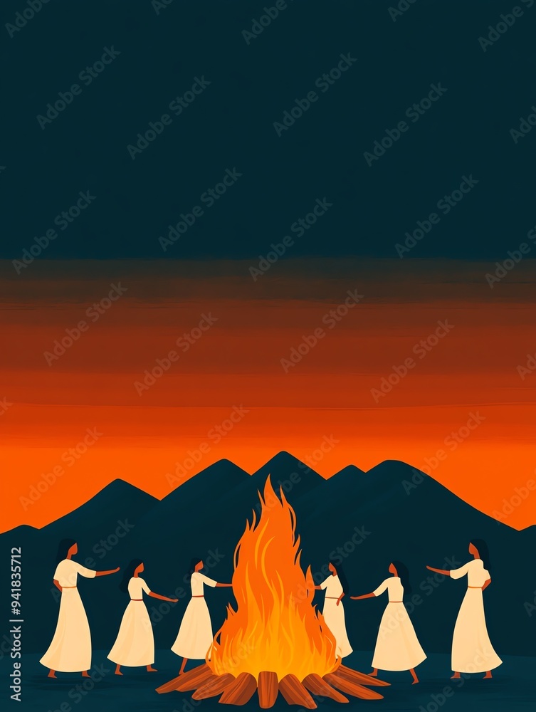 Fototapeta premium Five women in white dresses dance around a bonfire at sunset.