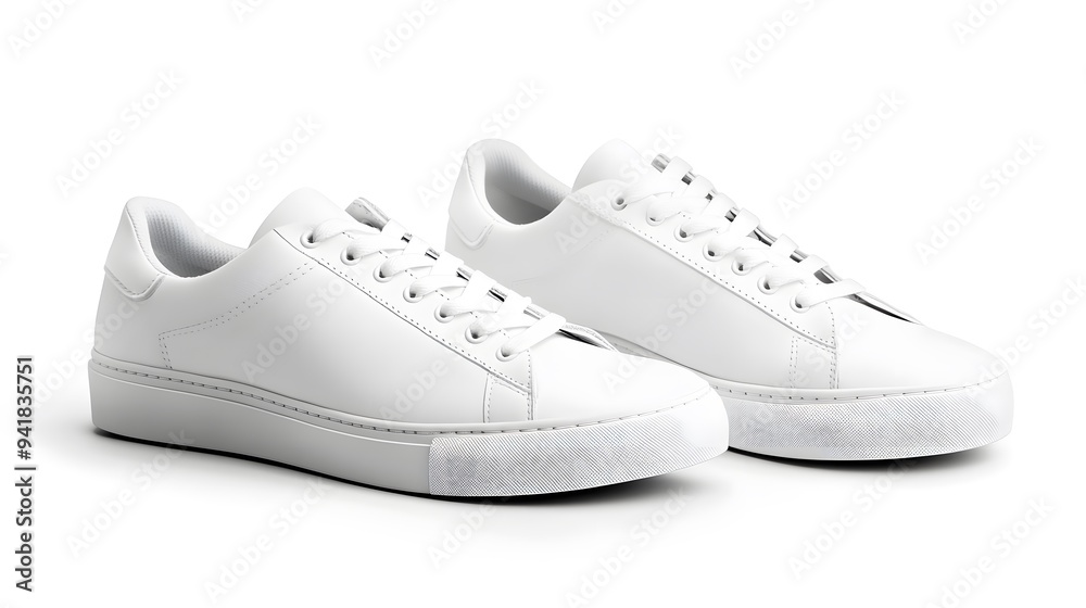 Simple White Sneakers: A pair of plain white sneakers with minimal detailing, placed side by side on a white background, with subtle shadowing.
