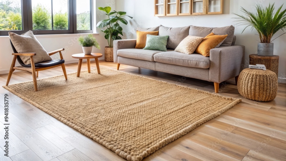 Fototapeta premium Natural fiber jute rug with a woven, organic design and earthy tones adds warmth and texture to a modern, minimalist living room interior.