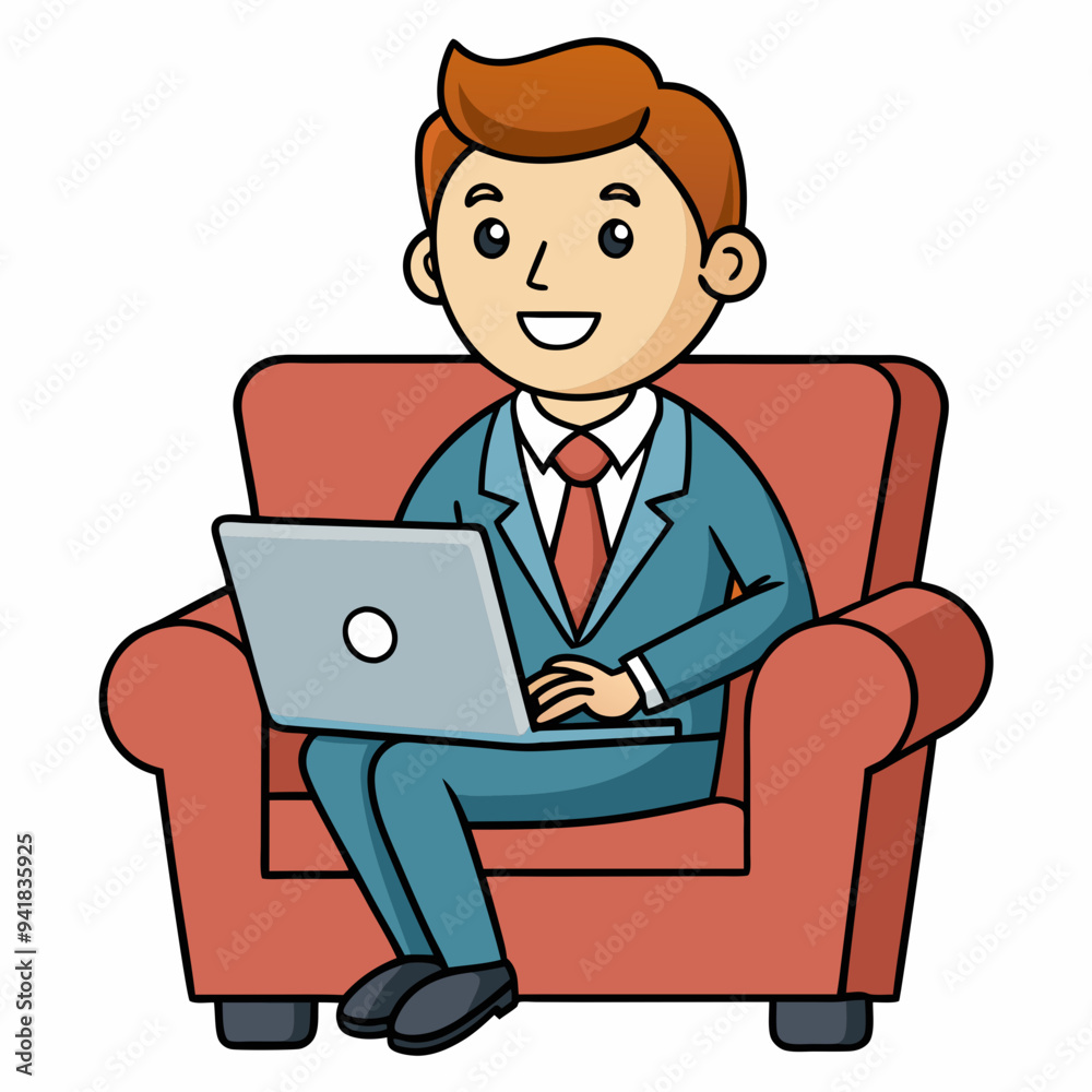 Vector Illustration of Businessman Sitting in Armchair with Laptop on White Background