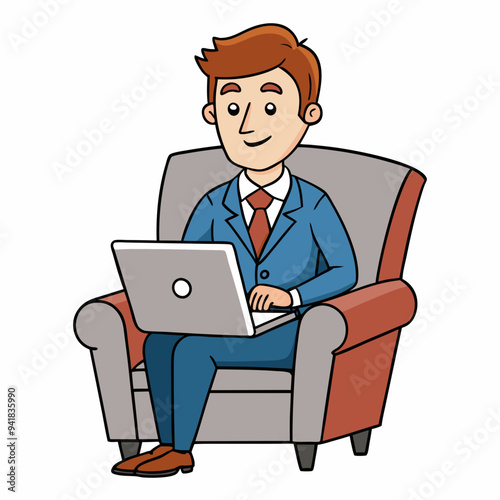 Vector Illustration of Businessman Sitting in Armchair with Laptop on White Background