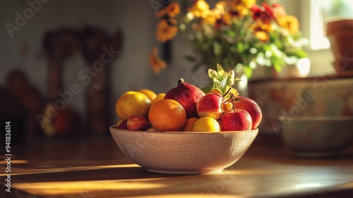 handmade ceramic bowl filled with fresh fruits on a rustic kitchen table, surrounded by warm earthy colors photo