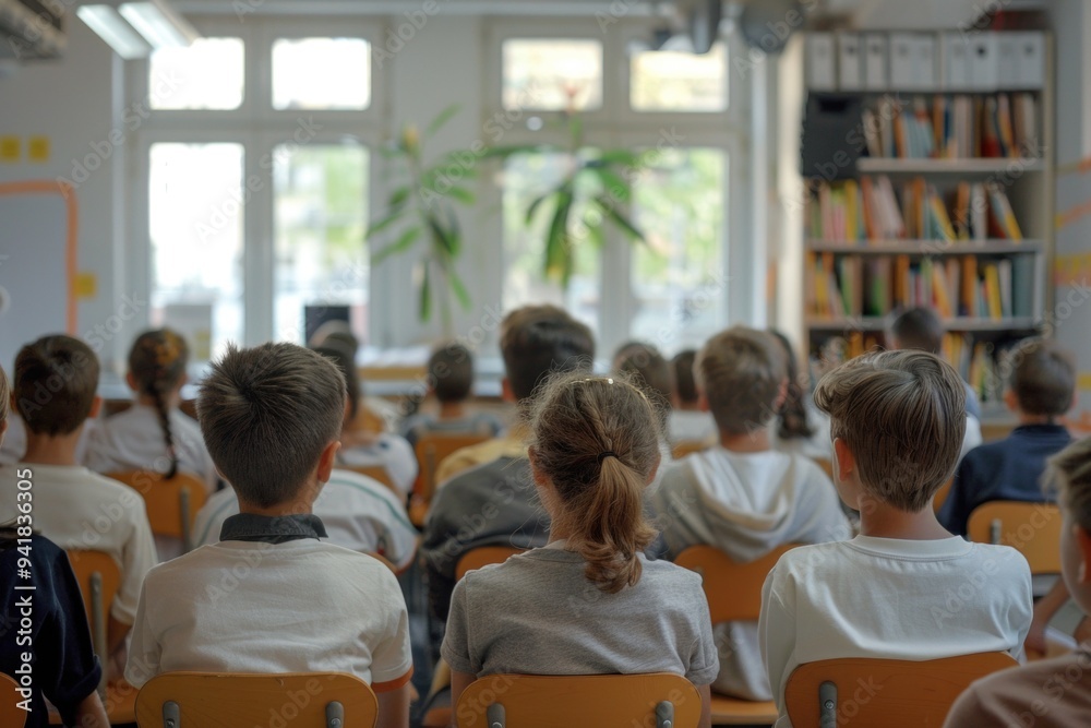 Obraz premium Group of diverse school children sitting in the classroom and listening to the teacher