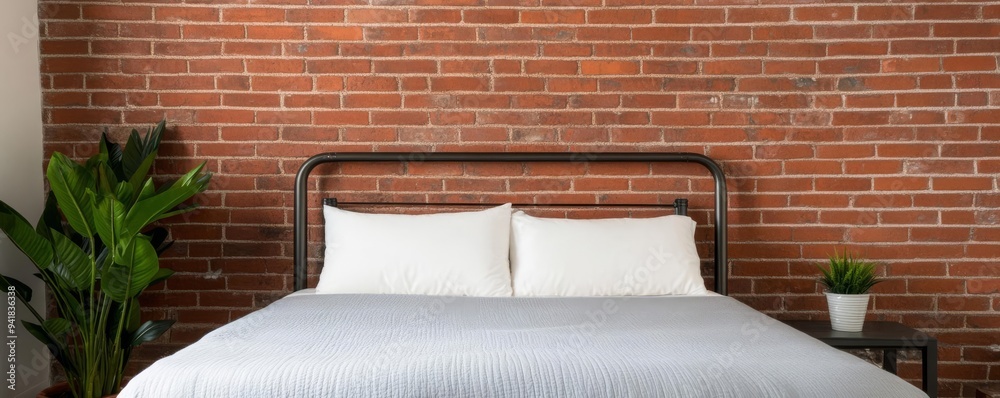Loft bedroom with exposed brick walls and a metal bed frame, industrial comfort, urban retreat Loft bedroom with exposed brick walls and a metal bed frame, industrial comfort, urban retreat