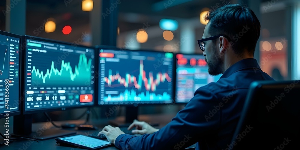 Financial analyst using AI to predict stock market trends, integrating technology and data analytics to make informed investment decisions Financial analyst using AI to predict stock market trends, integrating technology and data analytics to make informed investment decisions