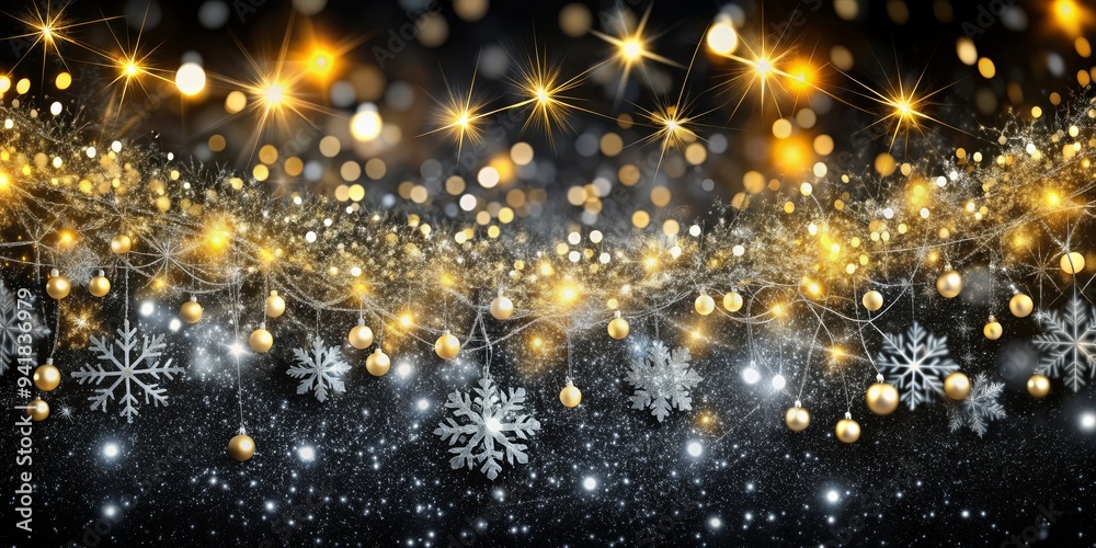 Golden Christmas Baubles and Snowflakes Against a Black Glittering Background, Christmas , Holiday , Decoration , Winter Golden Christmas Baubles and Snowflakes Against a Black Glittering Background, Christmas , Holiday , Decoration , Winter
