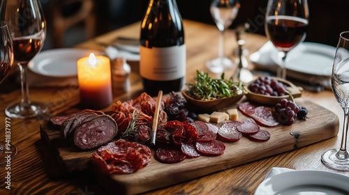 neatly arranged charcuterie board on a light oak dining table, showcasing rich earthy tones