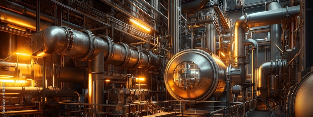 Depiction of an industrial plant with numerous pipes and machinery, showcasing the advanced technology used in oil production Depiction of an industrial plant with numerous pipes and machinery, showcasing the advanced technology used in oil production