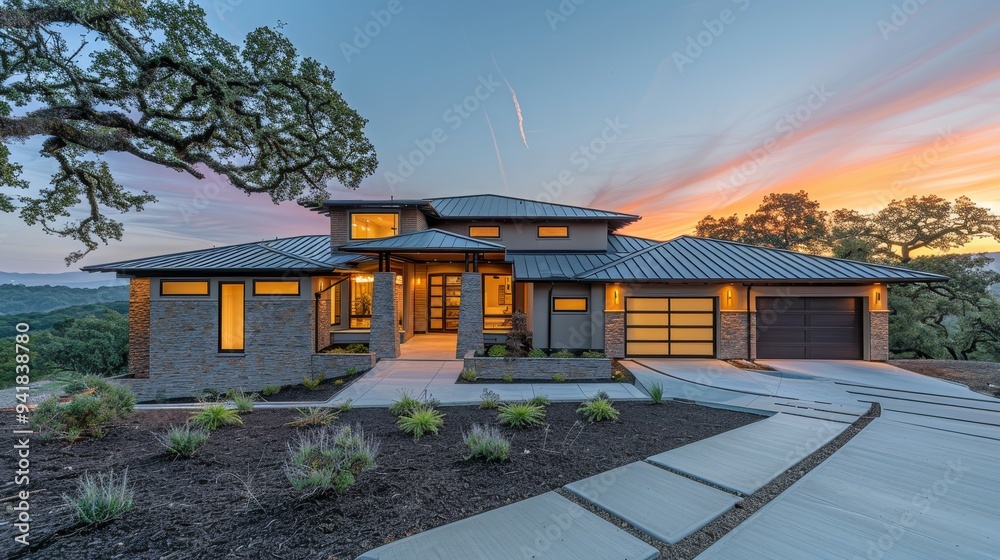 A stunning modern house with an exquisite architectural design, set against a picturesque sunset backdrop and surrounded by natural elements. A stunning modern house with an exquisite architectural design, set against a picturesque sunset backdrop and surrounded by natural elements.