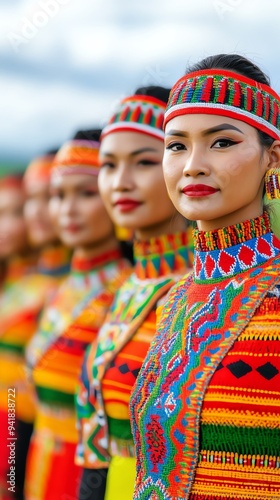 Women in traditional Filipino costumes stand in a line.