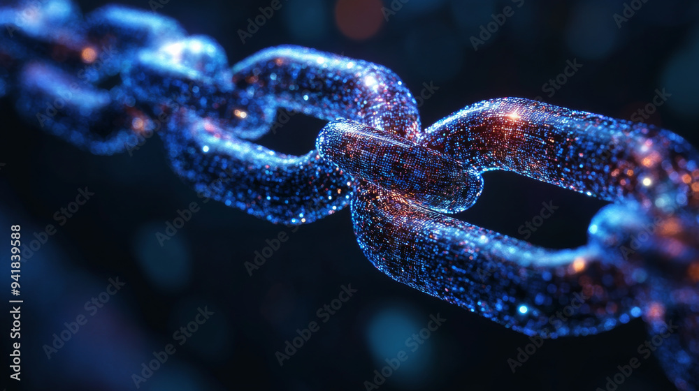 A chain of blue links with a blue background. The chain is made of small blue links that are connected to each other A chain of blue links with a blue background. The chain is made of small blue links that are connected to each other