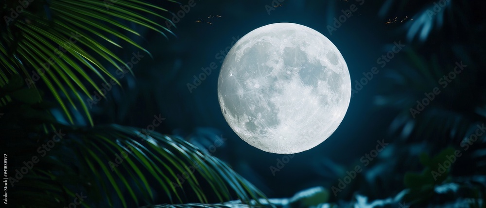 Fototapeta premium A humid summer night with a bright full moon, the air thick with moisture, and the sound of insects chirping