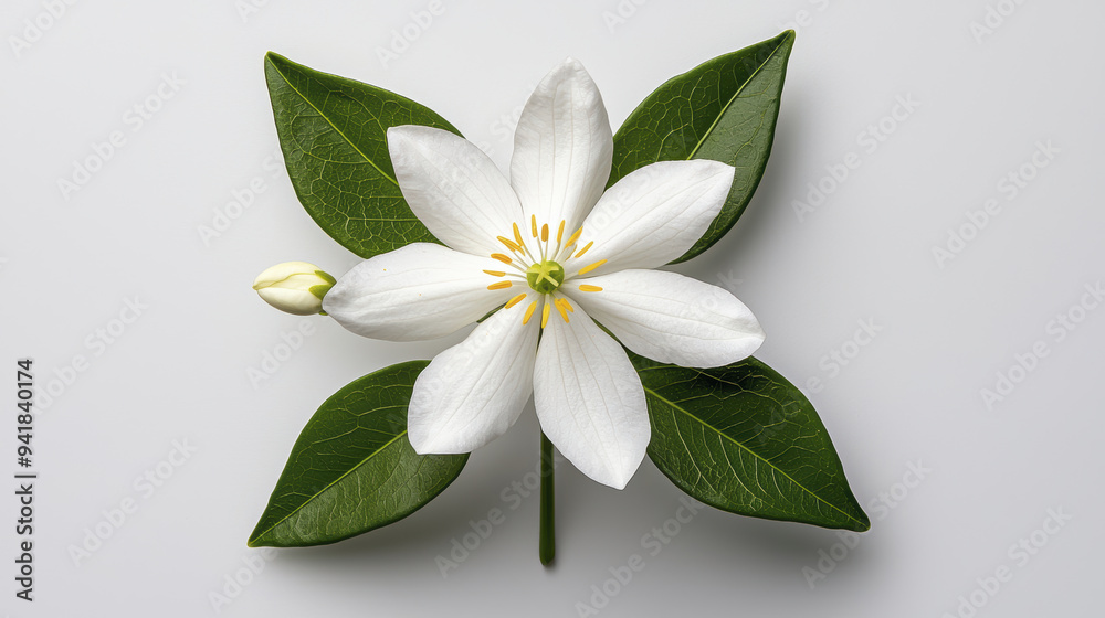 Obraz premium A beautiful white flower with green leaves, symbolizing purity and tranquility. flowers delicate petals and vibrant yellow center evoke sense of calm and serenity.