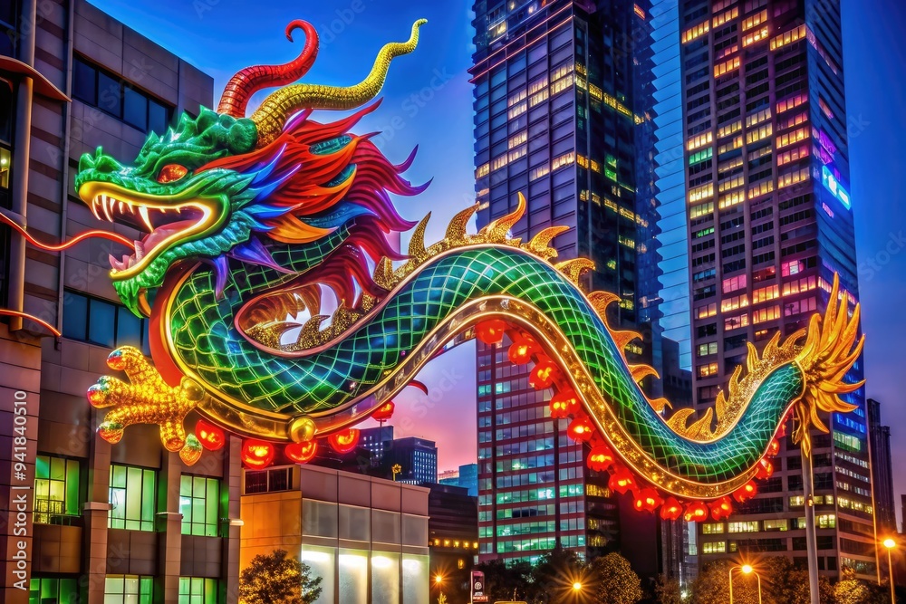 Fototapeta premium Neon Dragon DTLA: Vibrant, futuristic, urban, abstract shapes