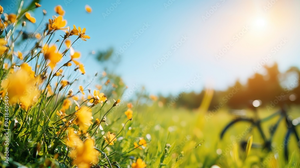 Obraz premium A sunny, breezy spring day with flowers blooming, birds singing, and a clear blue sky above