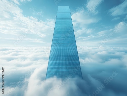 lowangle view of futuristic skyscraper piercing clouds sleek glass and steel design vertigoinducing perspective symbol of urban innovation photo