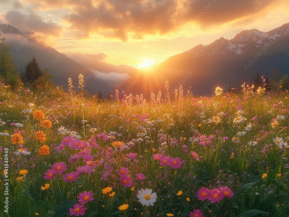 lush alpine meadow in full bloom vibrant wildflowers misty mountain backdrop golden sunlight tranquil nature scene spring renewal lush alpine meadow in full bloom vibrant wildflowers misty mountain backdrop golden sunlight tranquil nature scene spring renewal
