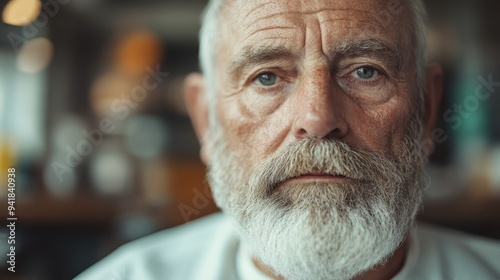 A close-up portrait of an elderly man with a gray beard and serious expression, capturing wisdom and life experiences etched into his weathered face in a serene setting.