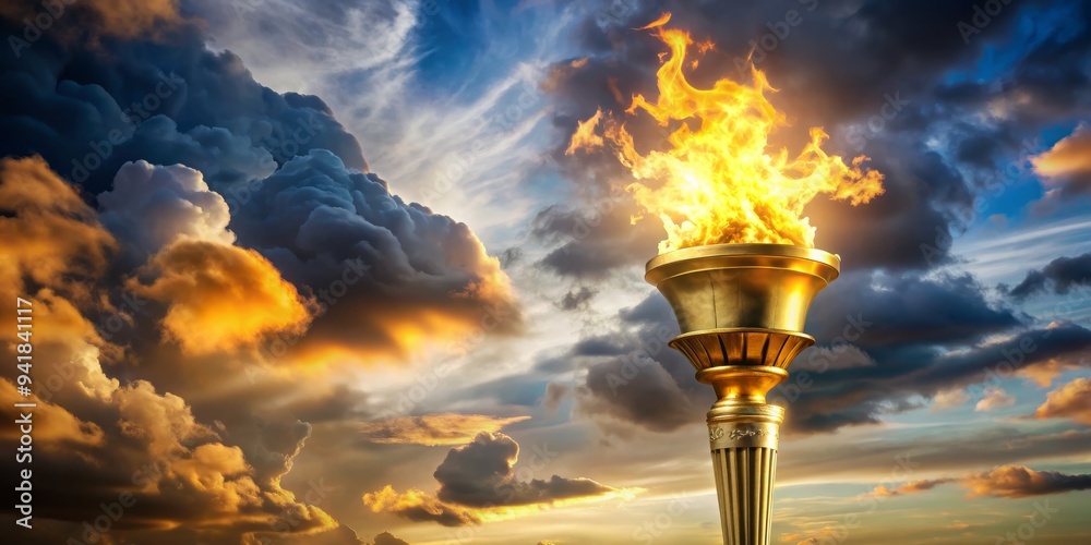 Obraz premium Golden Torch Rising Through Dramatic Clouds, clouds, torch, fire, sky