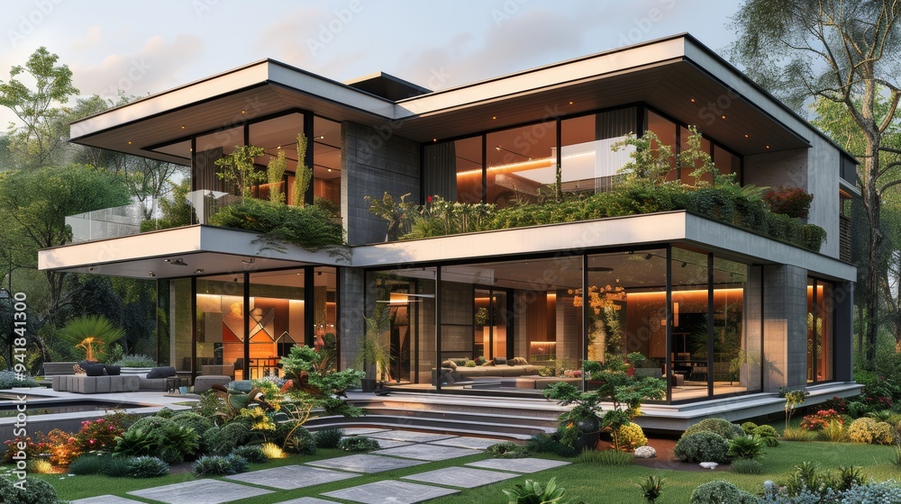 An elegant modern house with large glass windows allowing natural light, set within an intricate garden and green landscape for a harmonious living.