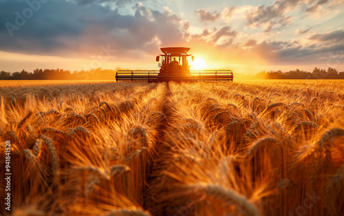 Silhouette of combine harvester on the cereal field with backlit.