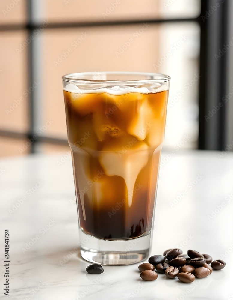 A glass of cold brew coffee with a touch of cream and a few coffee beans on the side, set against a modern, minimalist background with warm tones, highlighting its rich, bold flavors A glass of cold brew coffee with a touch of cream and a few coffee beans on the side, set against a modern, minimalist background with warm tones, highlighting its rich, bold flavors